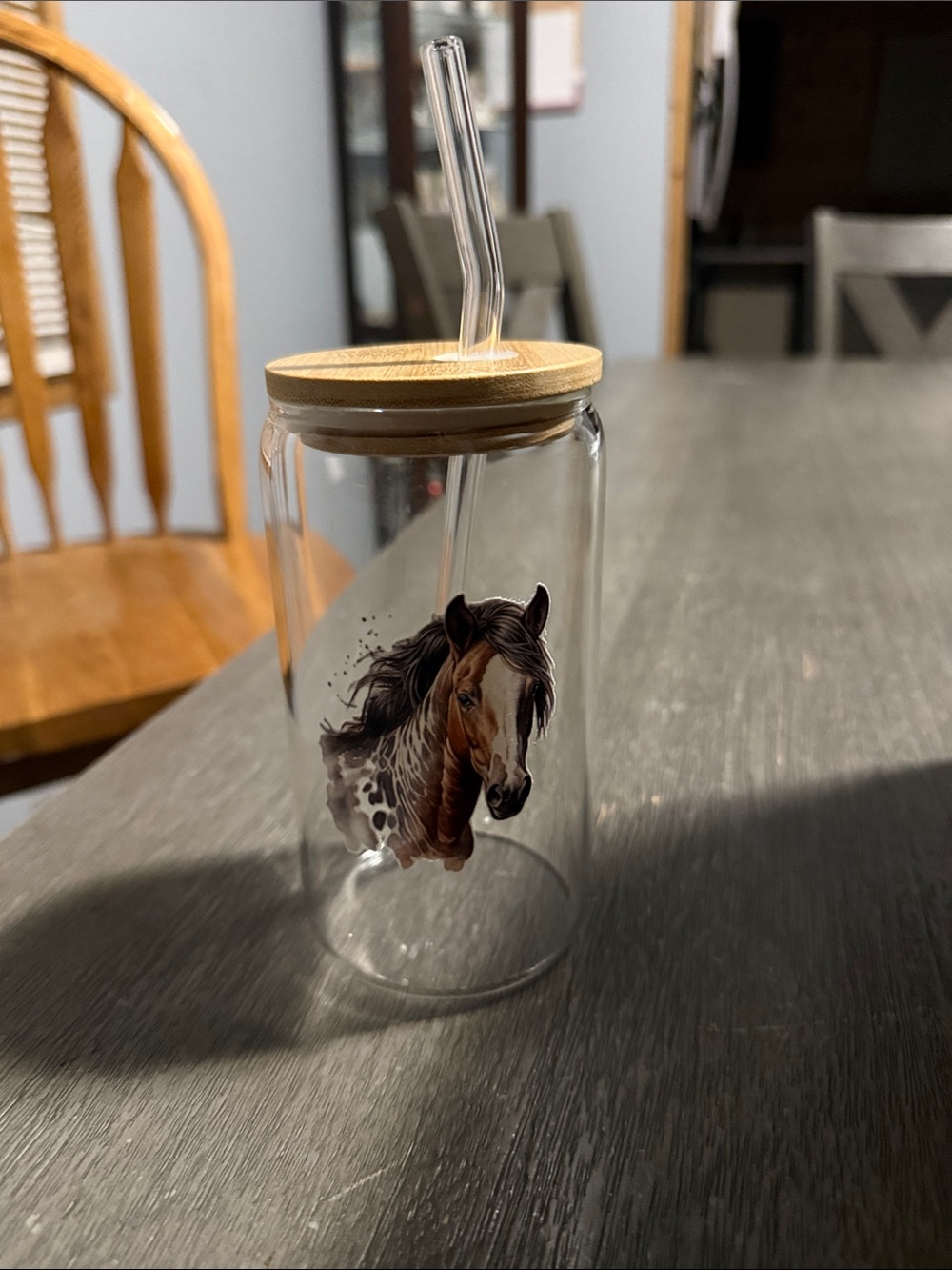 Glass Horse Print Tumbler with Bamboo Lid and Straw - Clear/Brown